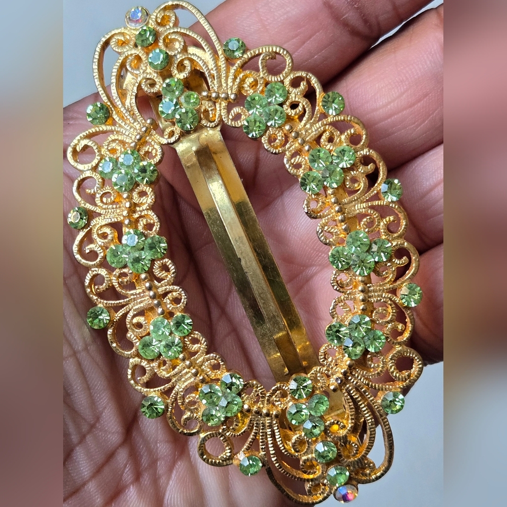 Victorian Style Gold and Green Floral Hair Clip Barrette